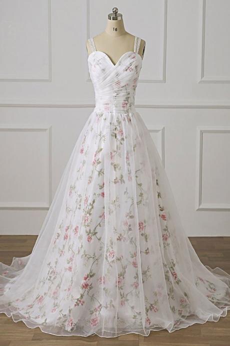 Sweetheart White Tulle Floral Long Prom Dress Customize Evening Dress