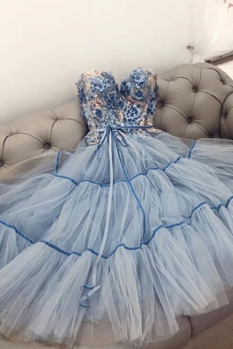 Blue Tulle Lace Dress Tea Length A Line Prom Dress, Bridesmaid Dress