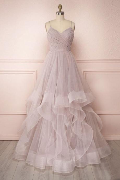 Simple Long Tulle Dress V Neck Layered Prom Dress Graduation Dress