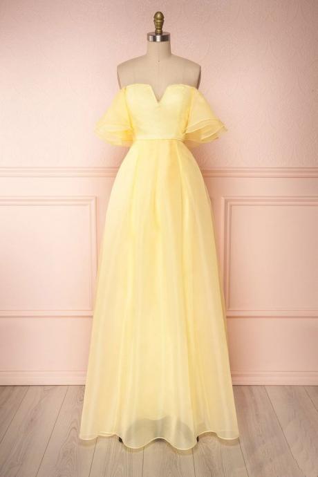Fresh Yellow Tulle Off Shoulder Long Dress Sweet 16 Prom Dress