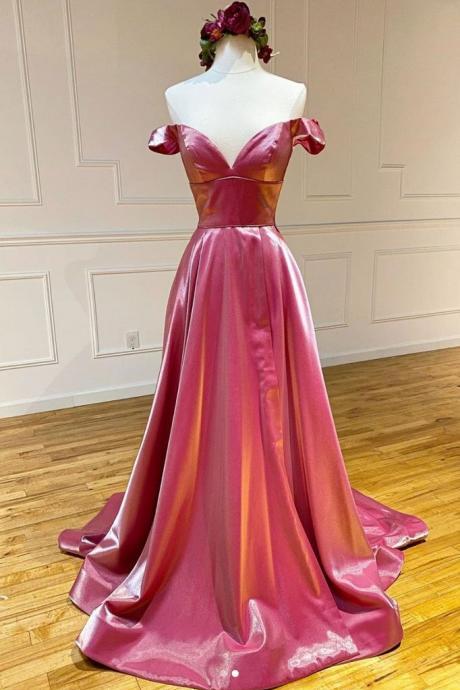 Pink Satin V Neck Long A Line Prom Dress, Evening Dresses