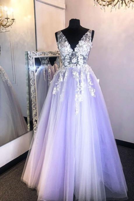 Lilac Tulle V Neck Long A Line Prom Dress Lace Formal Dress