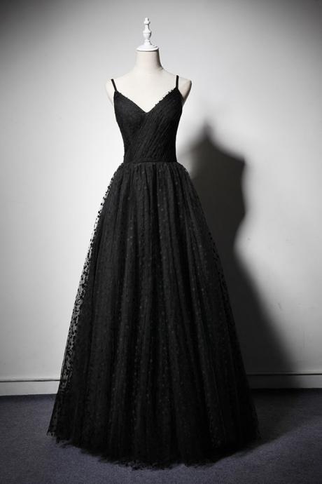 Black Spotted Tulle V Neck Long Dress Formal Prom Dress Evening Dress