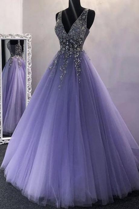 Pretty Purple Tulle V Neck Beaded Sequins Long Dress Formal Dress Prom Dresses