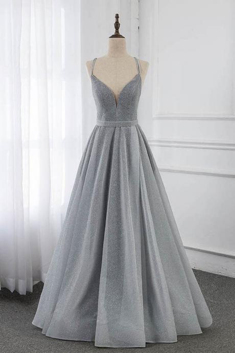 Silvery Gray V Neck Long Dress Spaghetti Straps Prom Dress