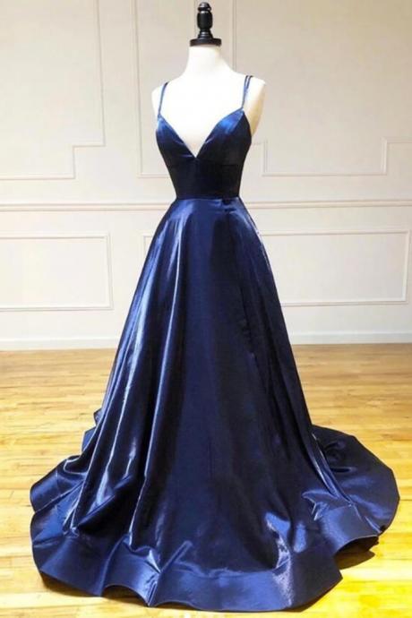 Navy Blue Satin V Neck Long Dress Custom Size Prom Dress