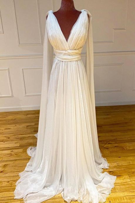 Simple White Chiffon V Neck Long Dress Custom Made Prom Dresses