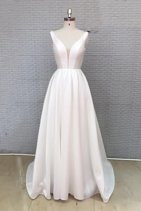 White Satin V Neck Long Customize Prom Dress Formal Dress