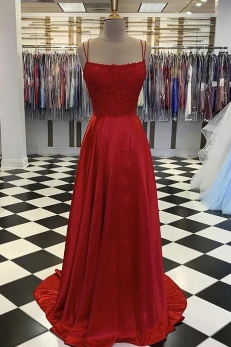 Red Lace Satin Open Back Long Prom Dress Formal Dress