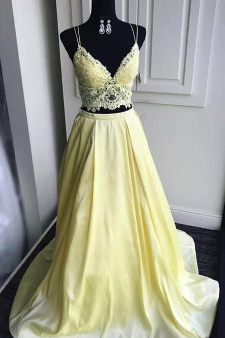 Yellow Lace Satin Two Piece Long Dress Homecoming Dress Prom Dress