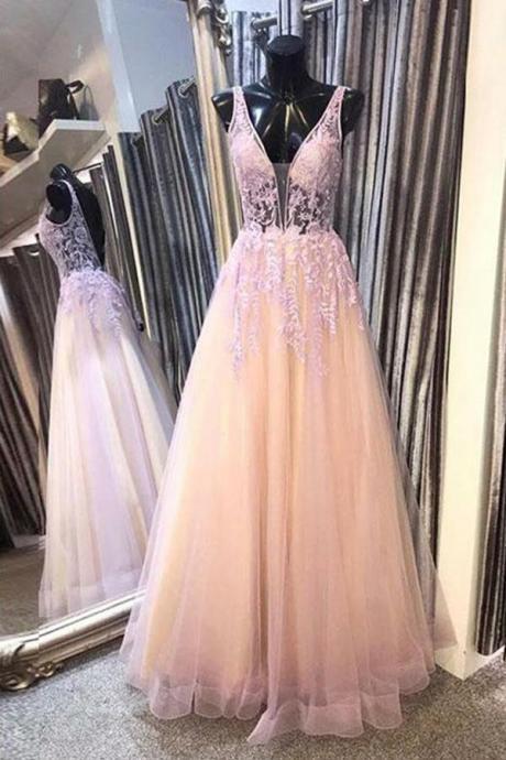 Pink Lace Tulle V Neck Long Halter Prom Dress Formal Dress