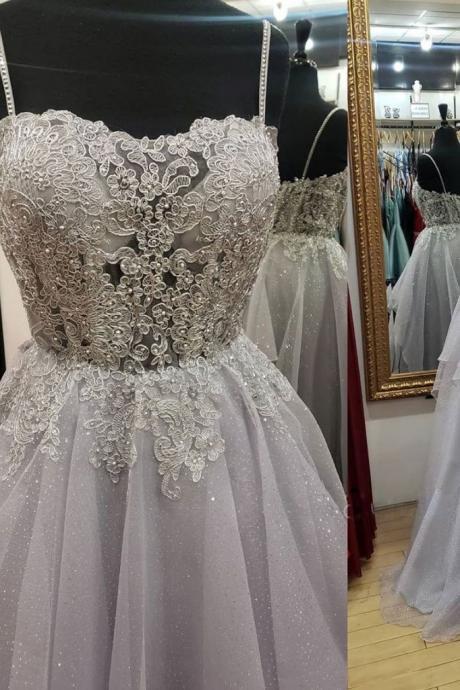 Gray Tulle V Neck Long A Line Prom Dress, Spaghetti Straps Lace Evening Dress