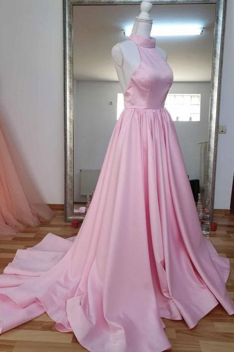 Pink Satin High Neck Long Formal Dress Backless Prom Dress