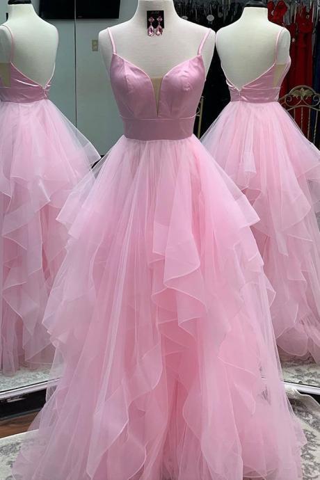 Pretty Pink Tulle A Line Prom Dress Long Simple Evening Dress
