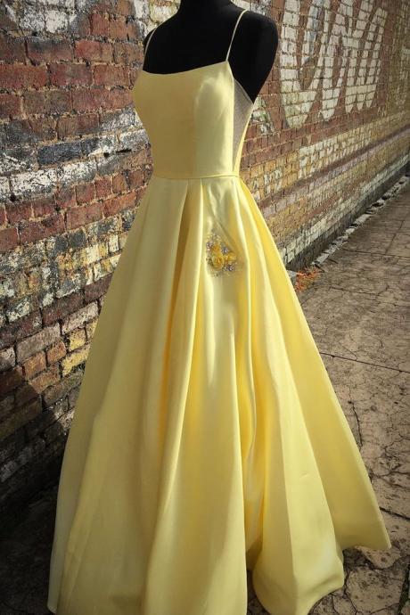Yellow Satin Spaghetti Straps Long Prom Dress Party Dress With Pocket