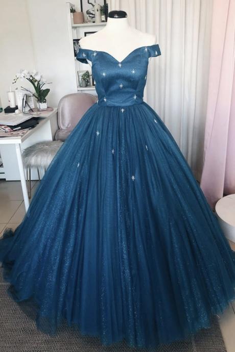 Blue Tulle Satin Long Sweet 16 Prom Dress Graduation Dress Formal Dress