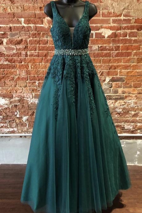 Deep Green Tulle Lace V Neck Long Prom Dress Formal Dress