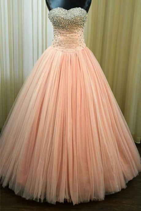 Pink Tulle Beaded Customize Strapless Long A-line Prom Dress, Party Dress
