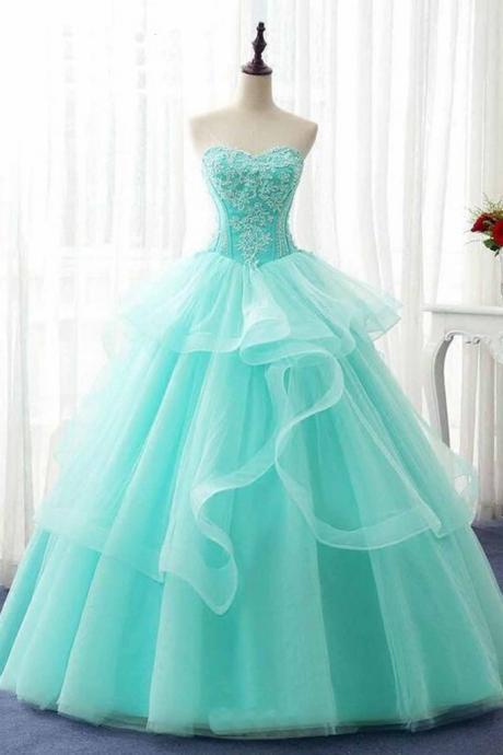 Green Tulle Sweet 16 Prom Dress Strapless Long Dress A Line Corset Evening Dress