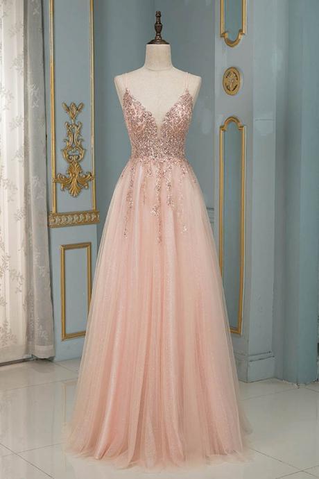 Blush Pink Tulle Long Prom Dresses Spaghetti Beaded Backless Evening Gowns