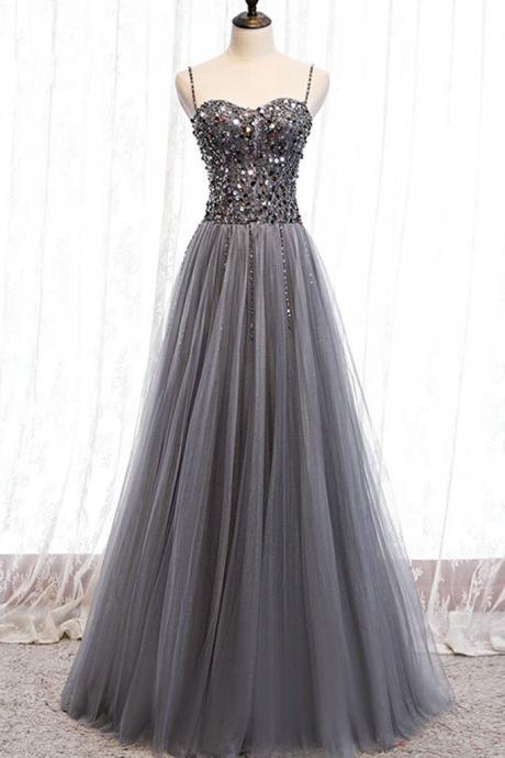 Grey Sequins Beads Tulle Prom Dresses Long Women Vestido De Gala Dress Party Dress