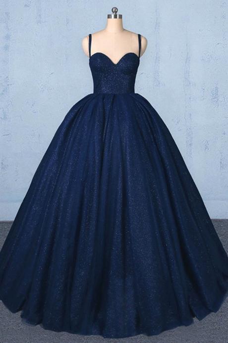 Navy Blue Tulle Long Prom Dress Sequins Spaghetti Strap Lace-up Back Formal Dress Plus Size