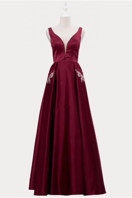Burgundy V Neck Formal Evening Dress Long Beaded A Line Robe De Soiree Prom Dresses With Pockets