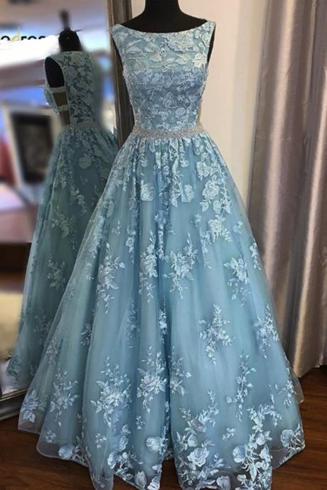 Blue Lace Long Evening Dress Jewel-neck Sleeveless Floor Length Formal Dress Prom Dress