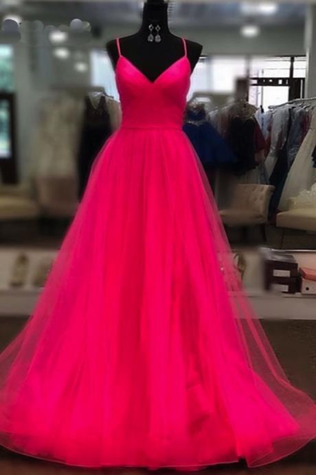 Stylish Fuchsia Coral Tulle Prom Dress Sexy Spaghetti Strap A Line Long Evening Dress