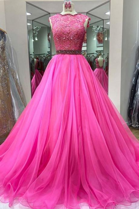 Pink Tulle A Line Crystal Beaded Prom Dress Party Gowns Evening Dress