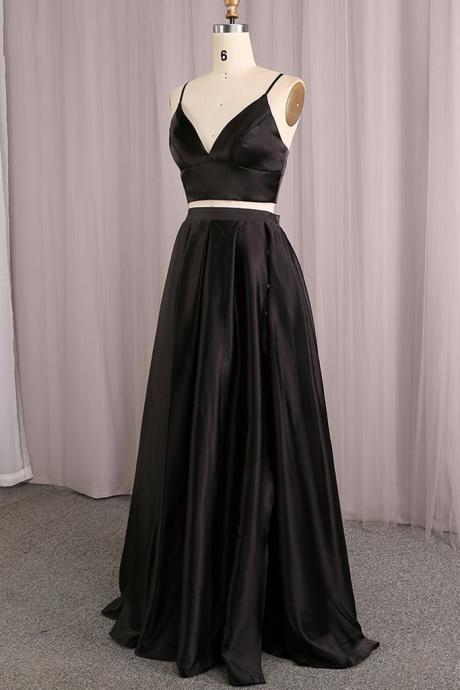 Simple Black Satin Two Pieces Long Prom Dress Homecoming Dress