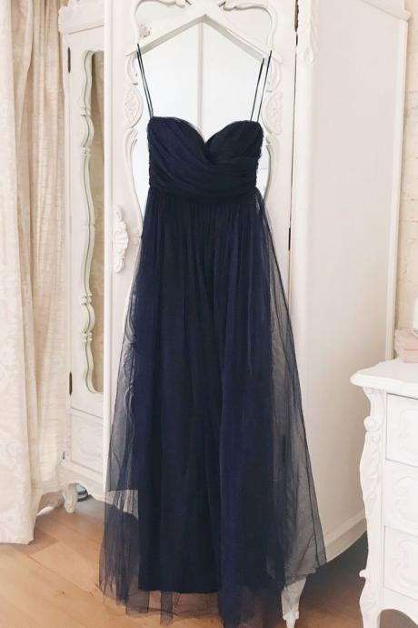 Simple Navy Blue Tulle Long Dress, A Line Sweetheart Prom Dress