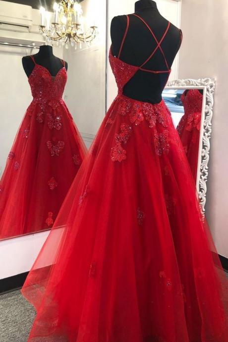 Sweetheart Neck Red Tulle Open Back Floor Length A Line Senior Prom Dress Party Dress