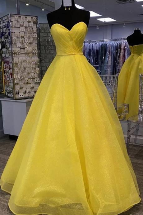 Yellow Tulle Long Sweet 16 Prom Dress Sweetheart Evening Dress
