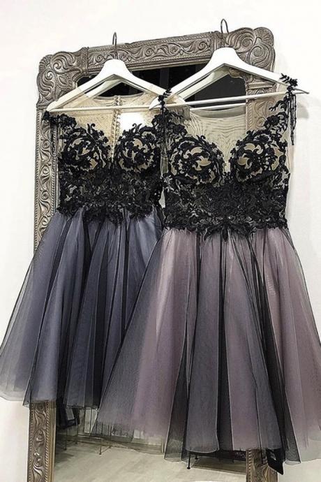 Black Tulle Lace Dress Short Prom Dress Bridesmaid Dress
