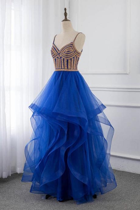 Classic Royal Blue Ruffles Long Prom Dresses Straps A-line Gold Crystals Evening Party Gown