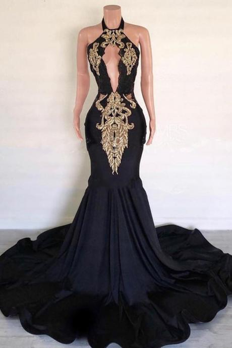Black Satin Long Mermaid Dress Customize Long Prom Dress With Gold Applique