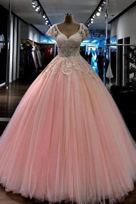 Light Pink Beaded Lace Ball Gown Long Prom Dress V Neck Cap Sleeves Evening Gowns Plus Size Formal Dress