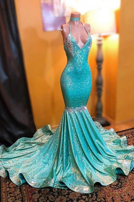 Simple Sparkly Sequined Mermaid Prom Dresses Halter Sweep Strain Applique Formal Dress