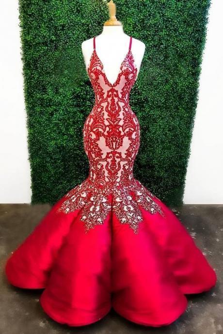Red Mermaid Prom Dresses Deep V Neck Lace Appliques Mermaid Evening Gowns Satin Plus Size Floor Length Party Dress