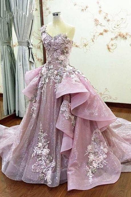 Dusty Pink 3d Flower Prom Dress Ruffles Embroidery Prom Gowns Formal Party Dress