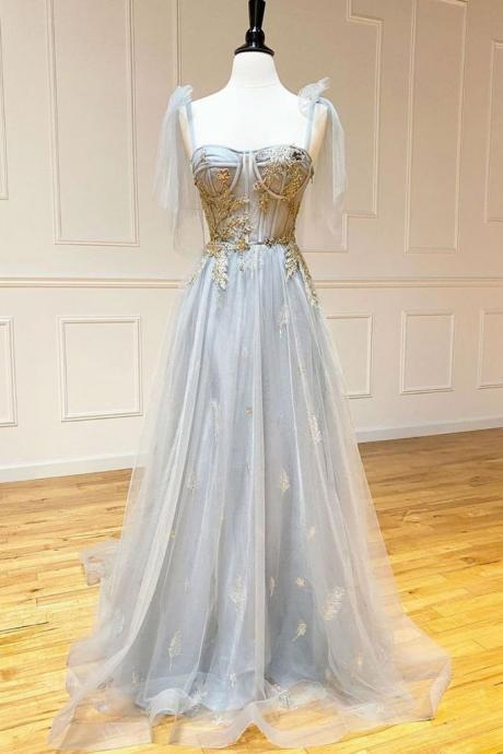 Sweetheart Neck Gray Tulle Long Dress Customize A Line Prom Dress
