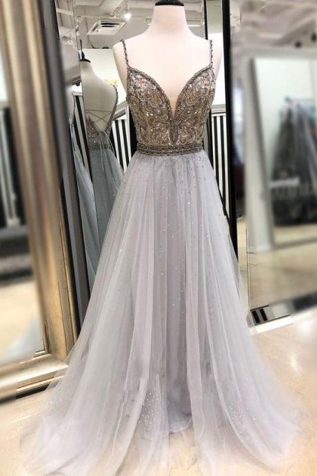 Unique Gray Tulle Bead Sequin Long Prom Dress, Gray Evening Dress