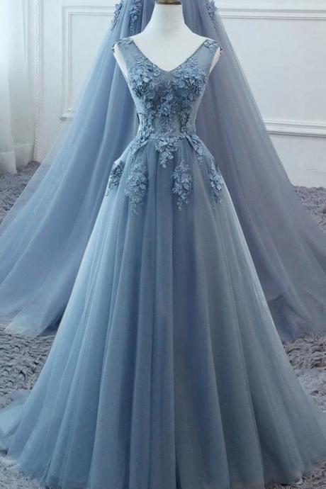 Blue Gray Tulle V Neck Flower Lace Long Dress Lace Prom Dress