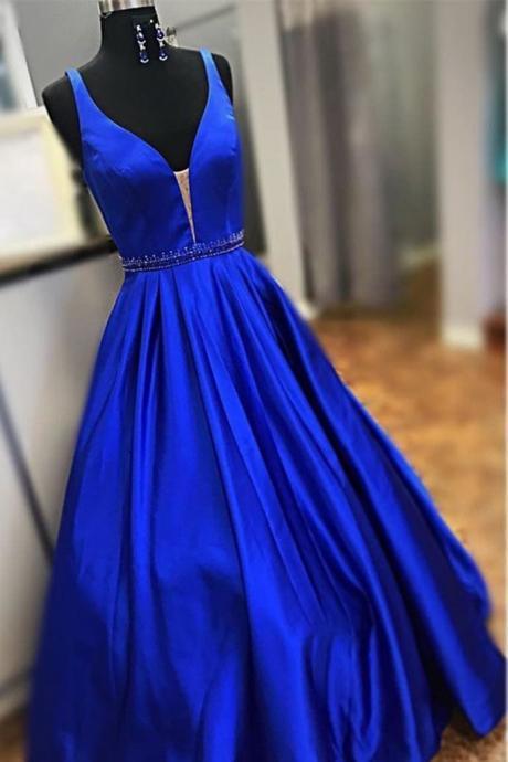 Blue Satin V Neck Long A Line Halter Dress Prom Dress With Beadings
