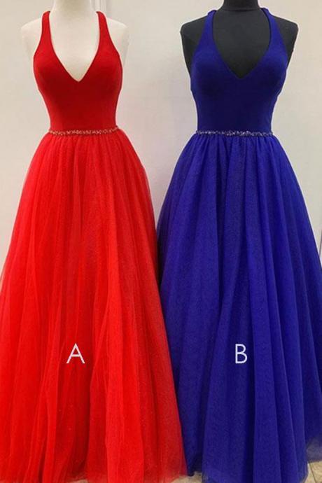 Red Prom Dresses V Neck Beading Navy Blue Satin Long Prom Dresses
