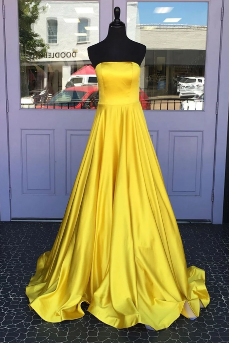 Bright Yellow Satin Strapless Dress Prom Dress Long Evening Dress