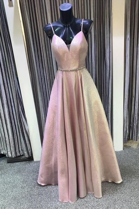 Simple A Line Spaghetti Straps Pink Long Beaded Prom Dress Evening Dress