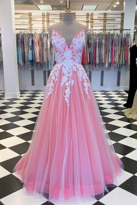 Pink Tulle A Line Spaghetti Straps Long Prom Dress Evening Dress With Applique