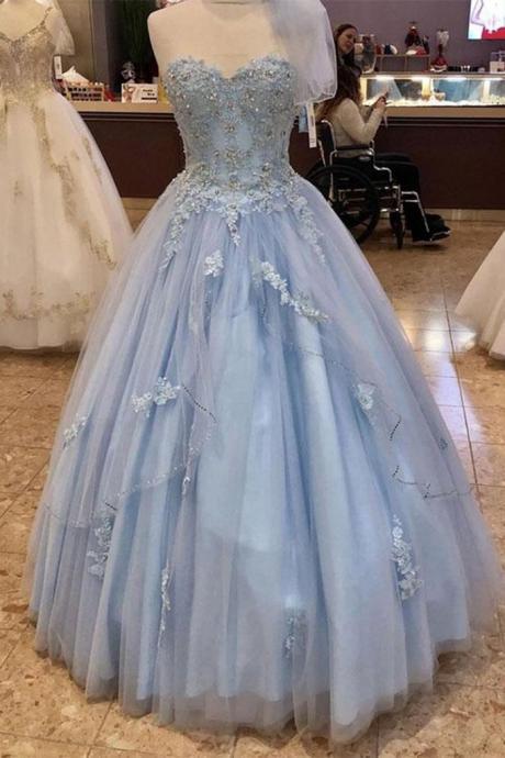 Blue Tulle Princess A Line Sweetheart Prom Dresses with Beading Appliques